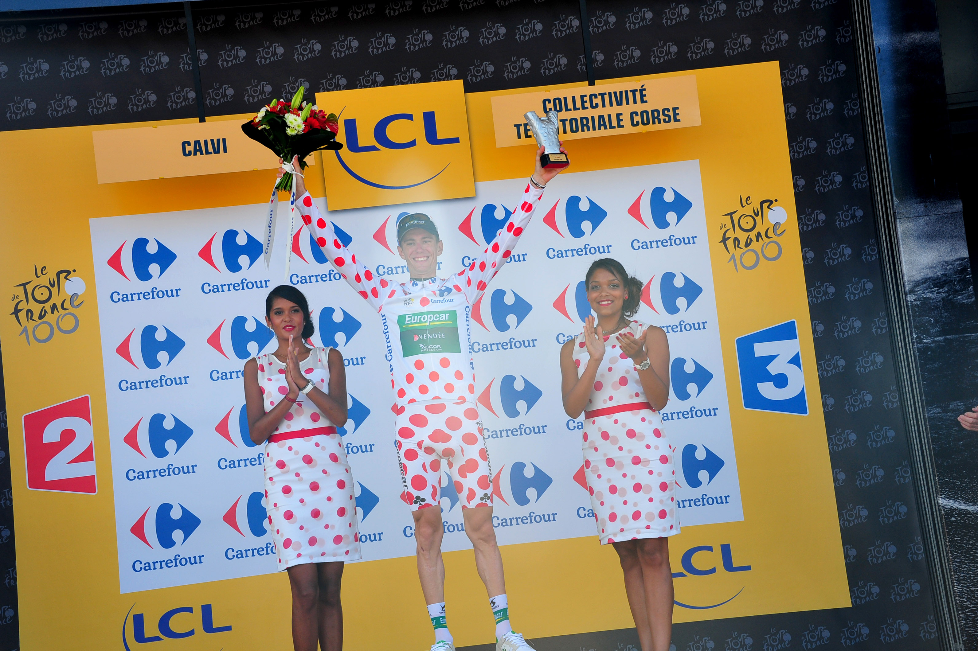 Pierre Rolland, polka dot jersey, podium, stage three, Tour de France, Europcar