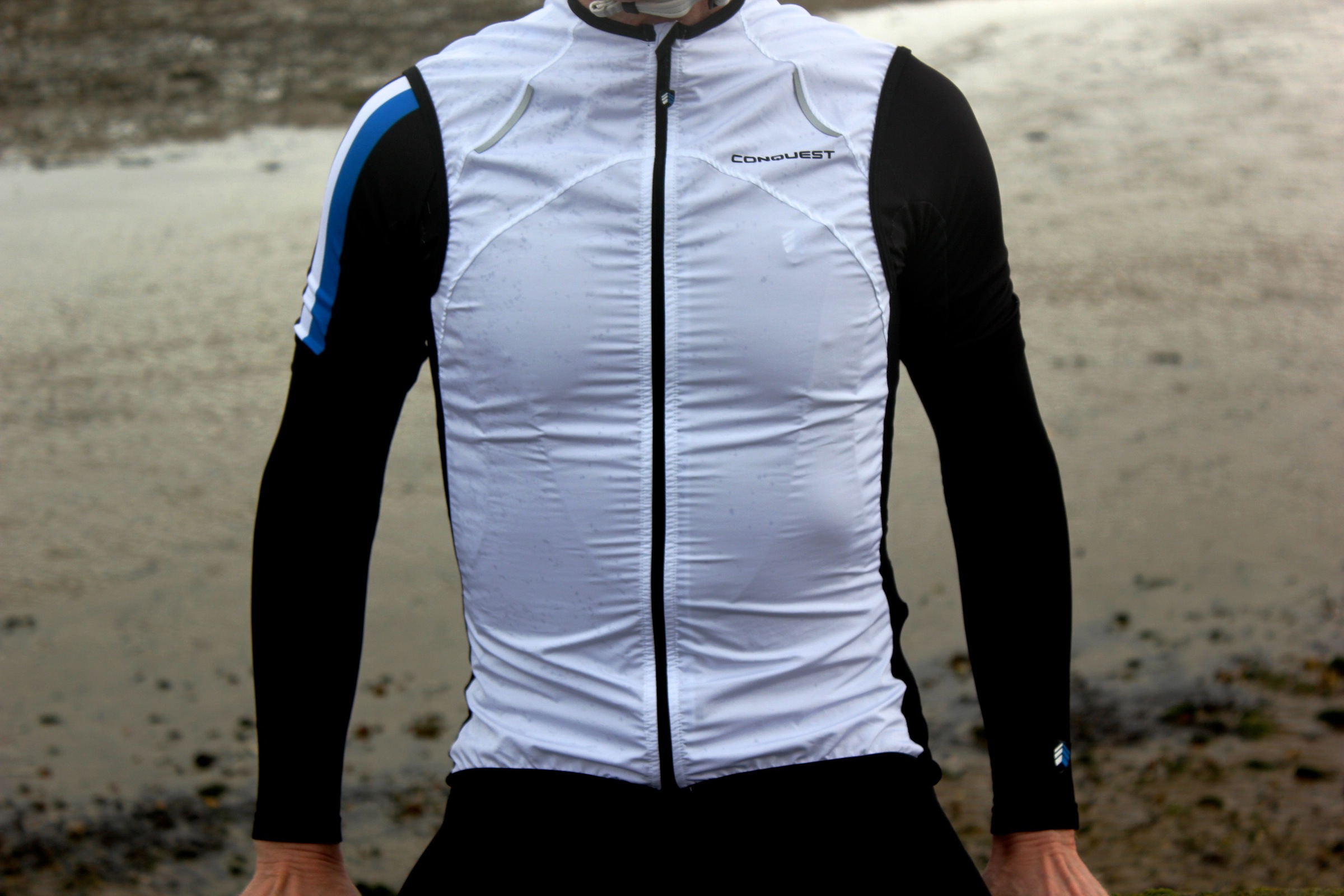 Conquest clothing, water resistant gilet, pic: Peter Lovell, ©Factory Media