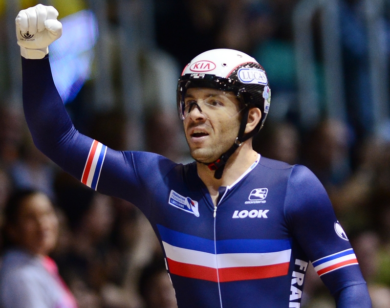 PICTURE BY ALEX BROADWAY/SWPIX.COM - Cycling - UCI Track Cycling World Cup Manchester - Day 2 - National Cycling Centre, Manchester, England - 02/11/12 - Francois Pervis of France celebrates victory in the Men