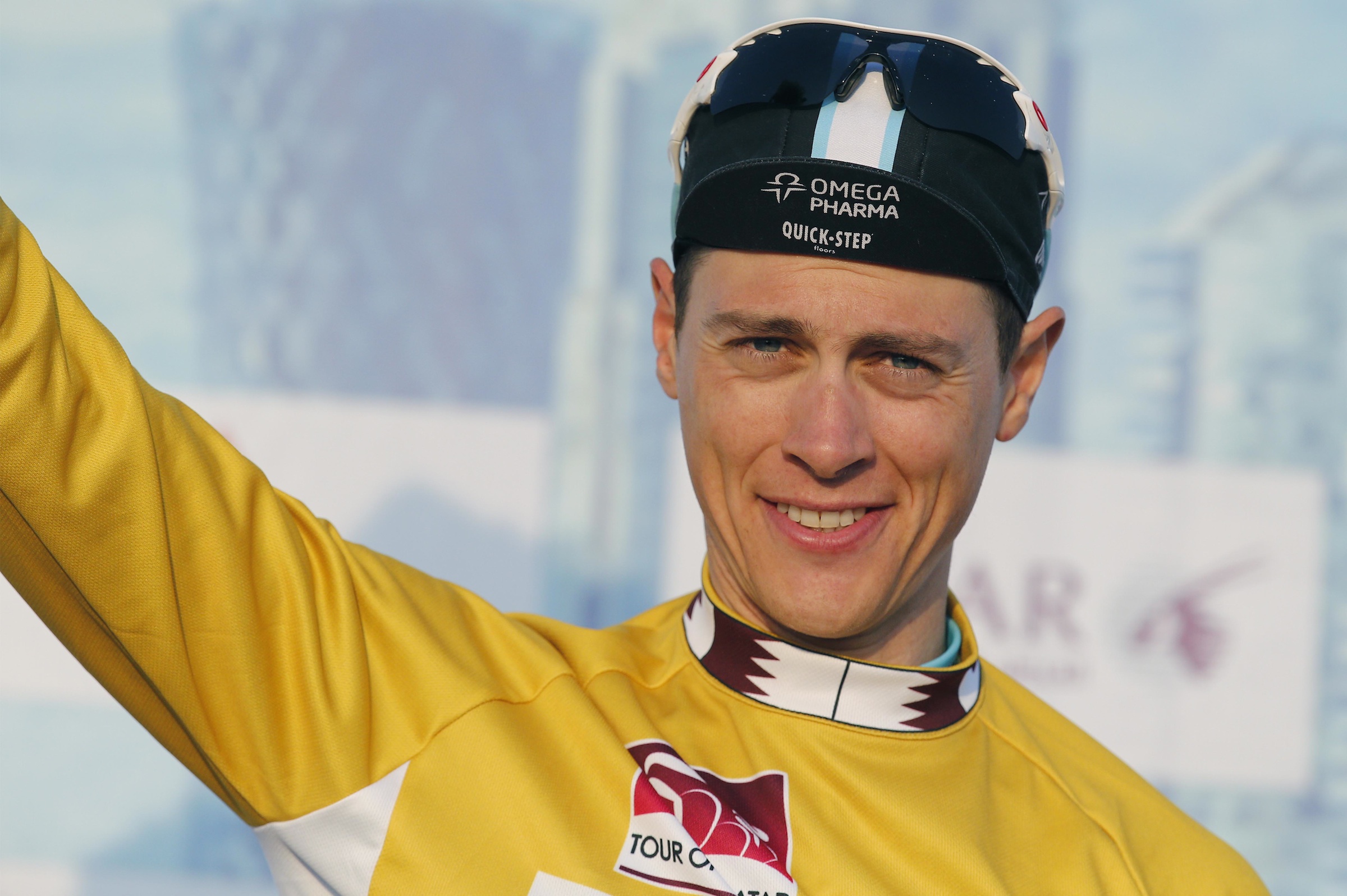 Niki Terpstra, Tour of Dubai 2014, stage one, podium, pic: Tim De Waele/OPQS, submitted by Alessandro Tegner