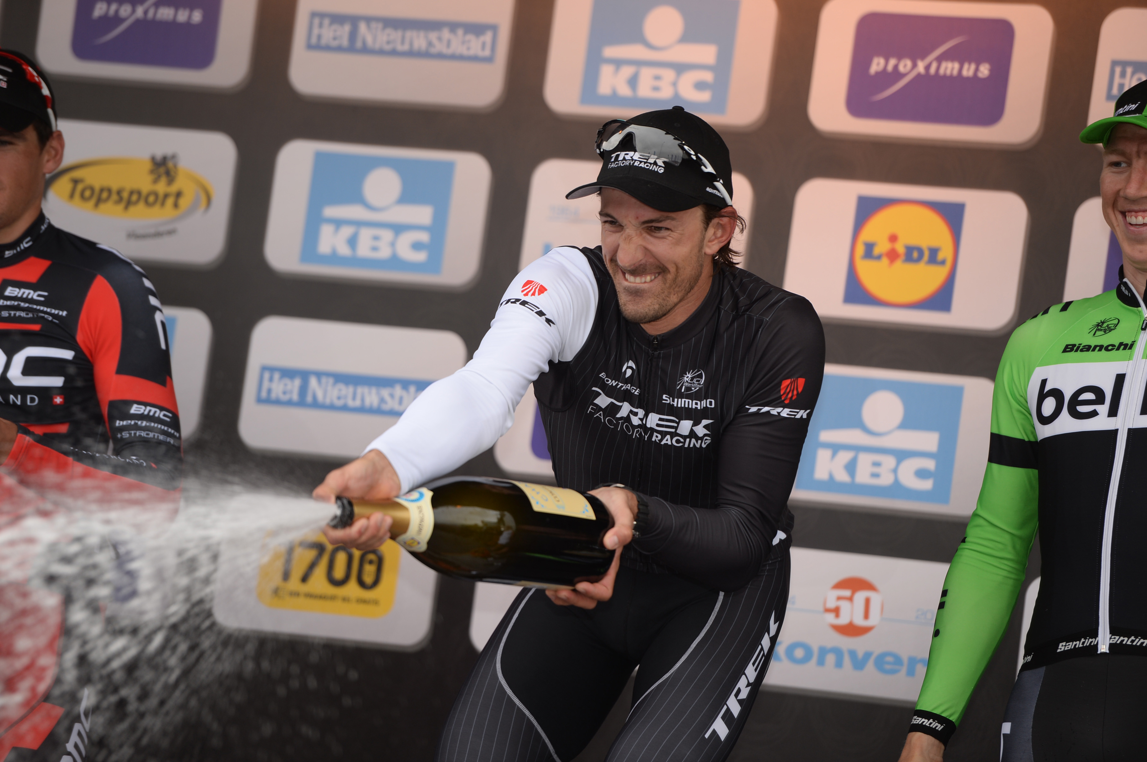 Fabian Cancellara, Trek Factory Racing, champagne, podium, Tour of Flanders, 2014, pic: Sirotti