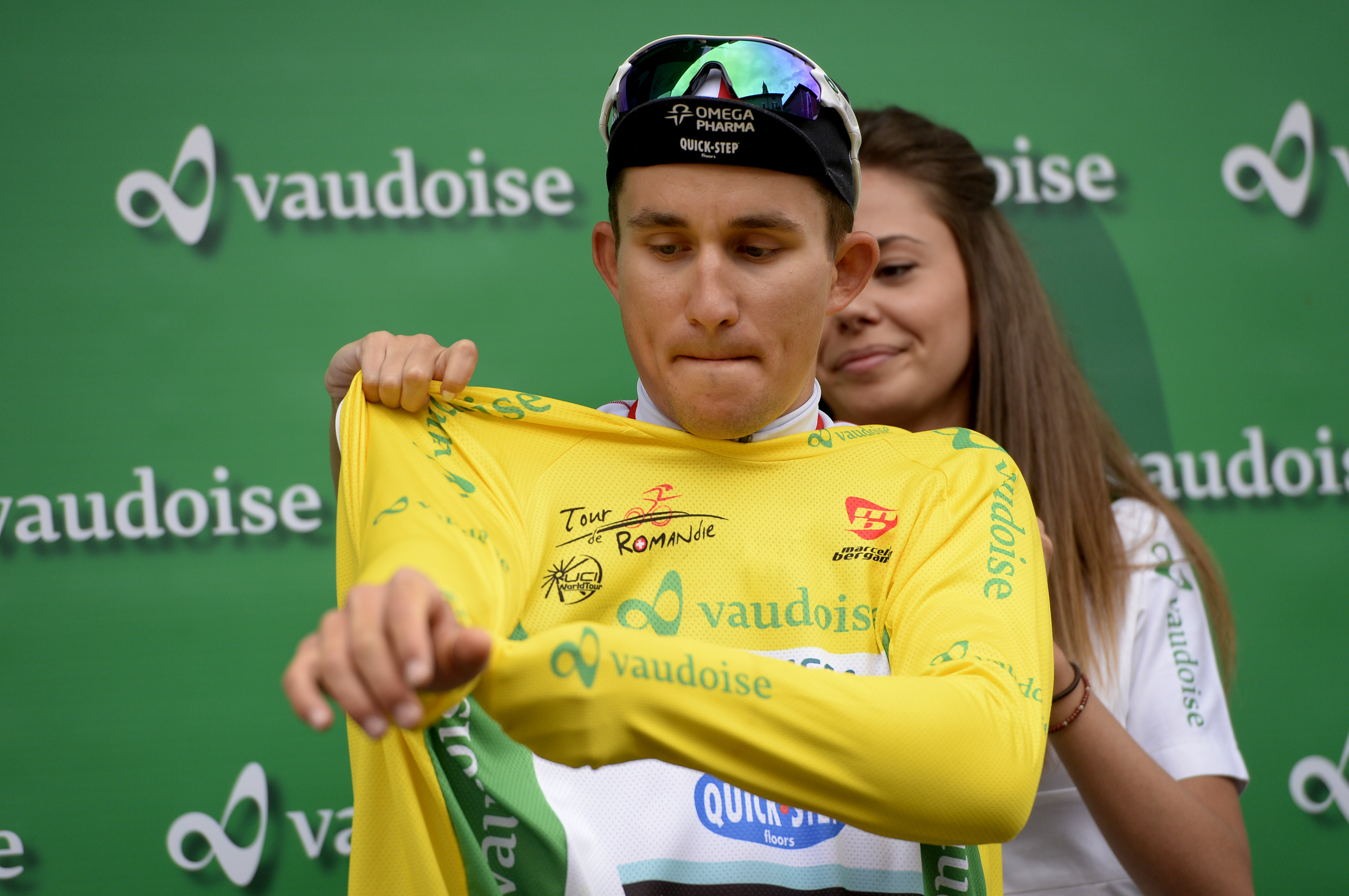 yellow jersey, Michal Kwiatkowski, Omega Pharma-Quickstep, podium, Tour de Romandie, 2014, prologue, time trial, pic: Sirotti