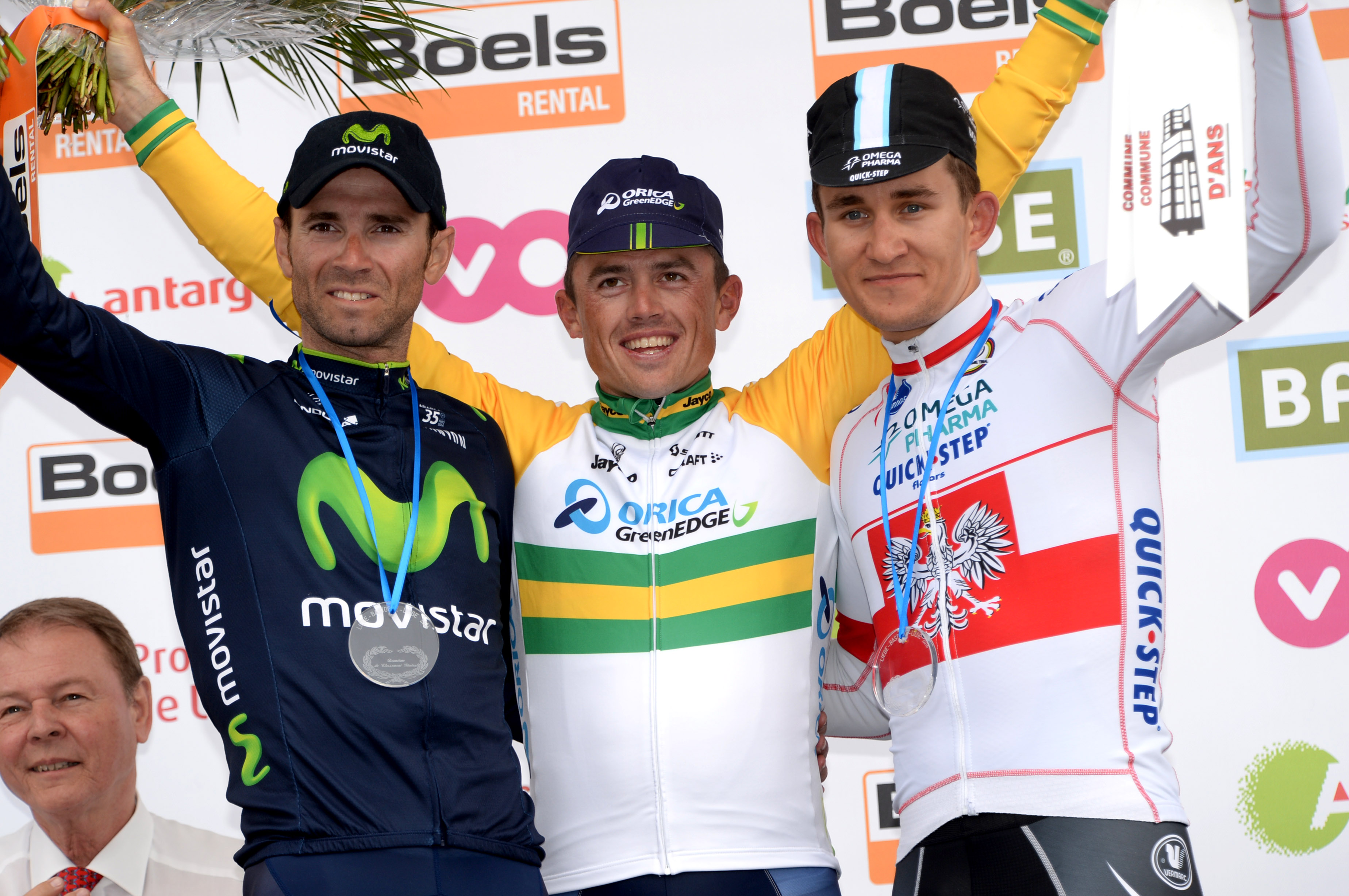 Alejandro Valverde, Simon Gerrans, Michal Kwiatkowski, podium, Liege-Bastogne-Liege, pic: ©Sirotti