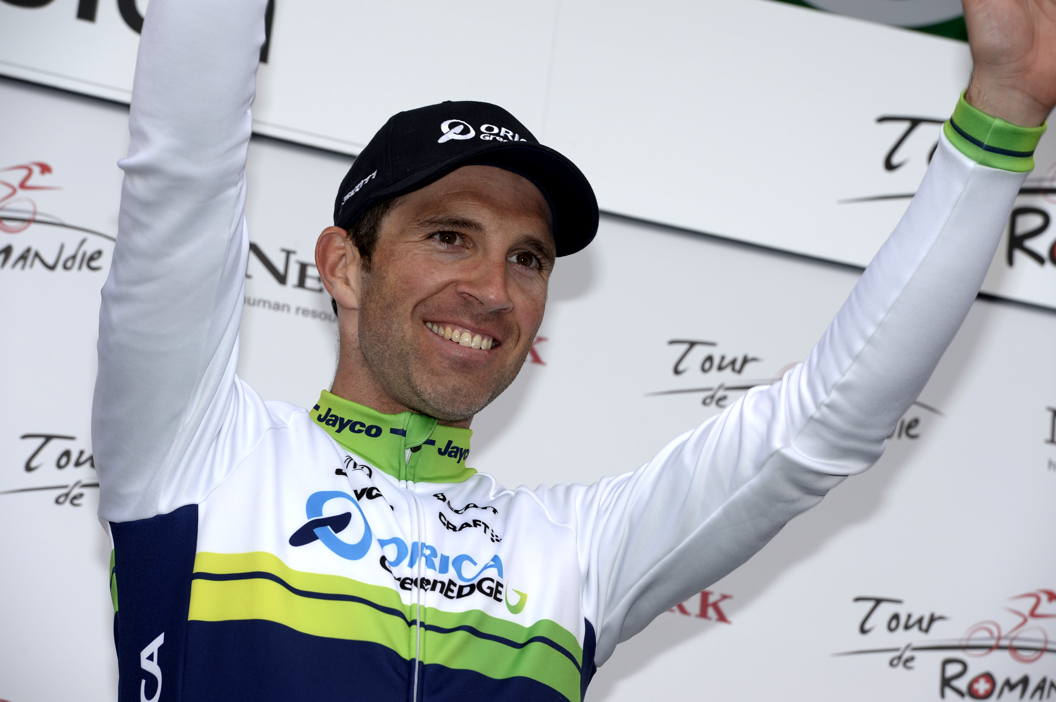 Michael Albasini, podium, Orica-GreenEDGE, Tour de Romandie, 2014, stage one, pic: Sirotti