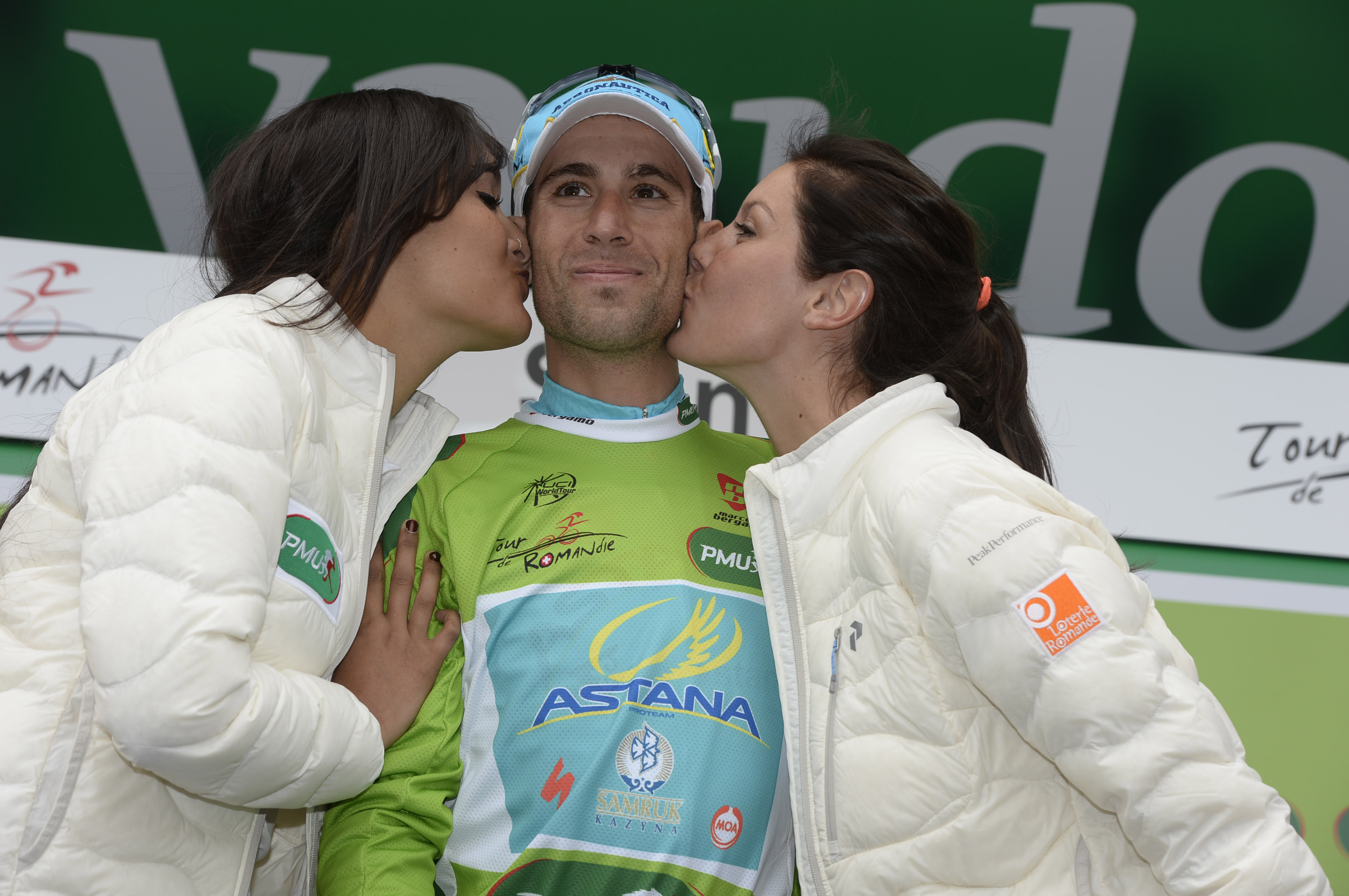 Vincenzo Nibali, Astana, green jersey, podium, Tour de Romandie, 2014, stage one, pic: Sirotti