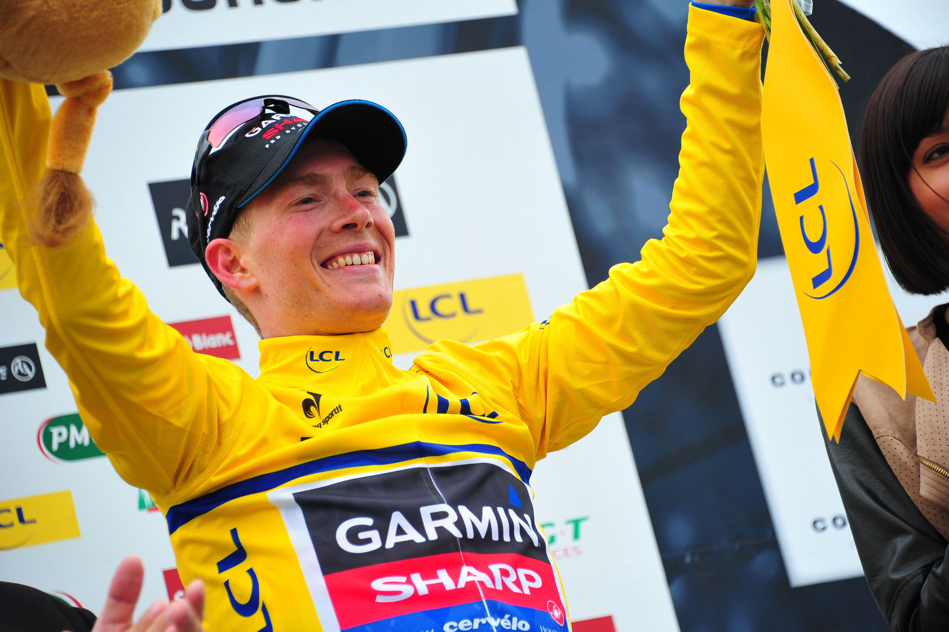 Andrew Talansky, yellow jersey, Criterium du Dauphine, Garmin-Sharp, 2014, podium, pic: Sirotti