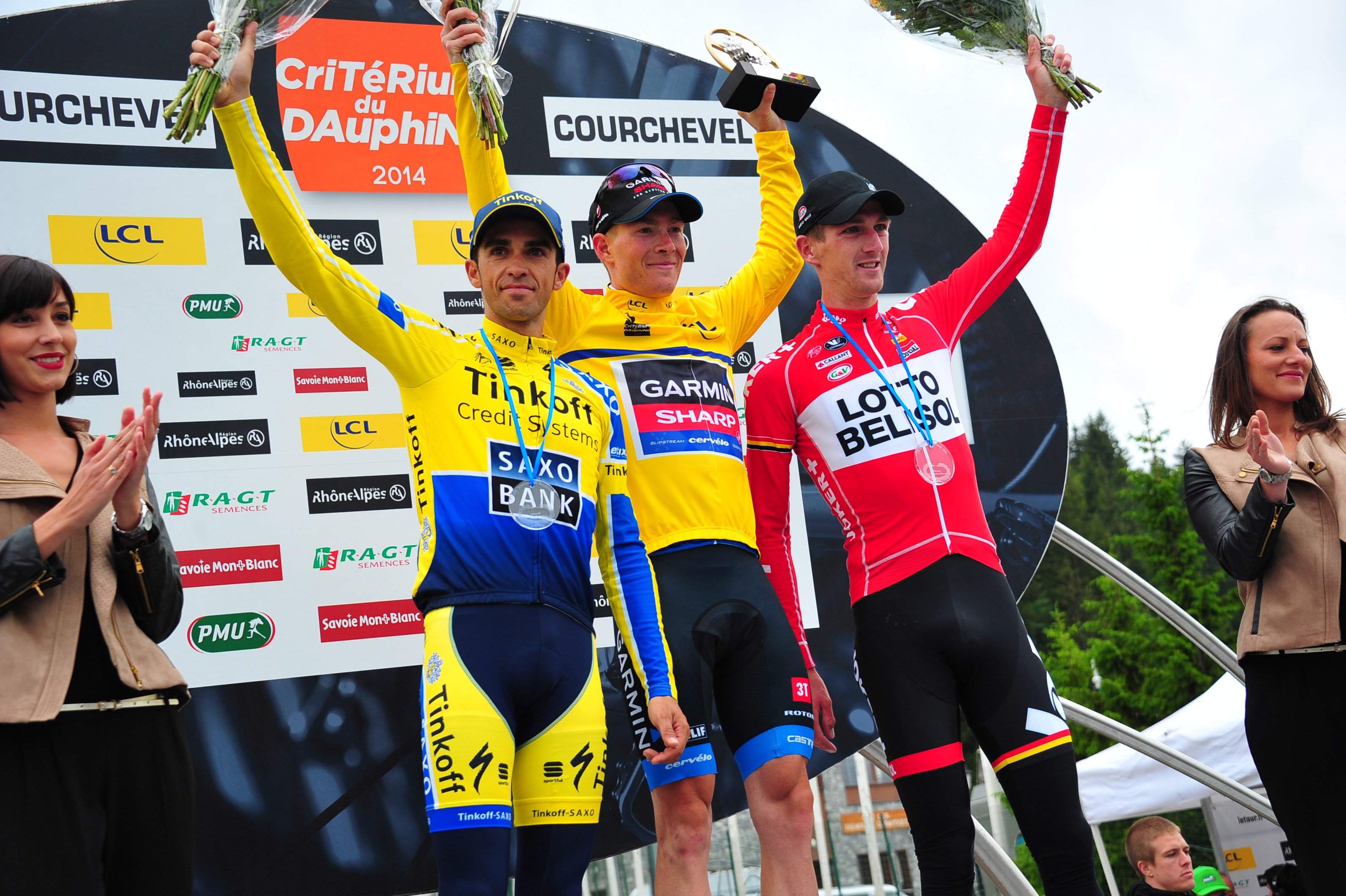 Crtierium du Dauphine, 2014, stage eight, podium, Alberto Contador, Jurgen van den Broeck, Andrew Talansky, pic: Sirotti