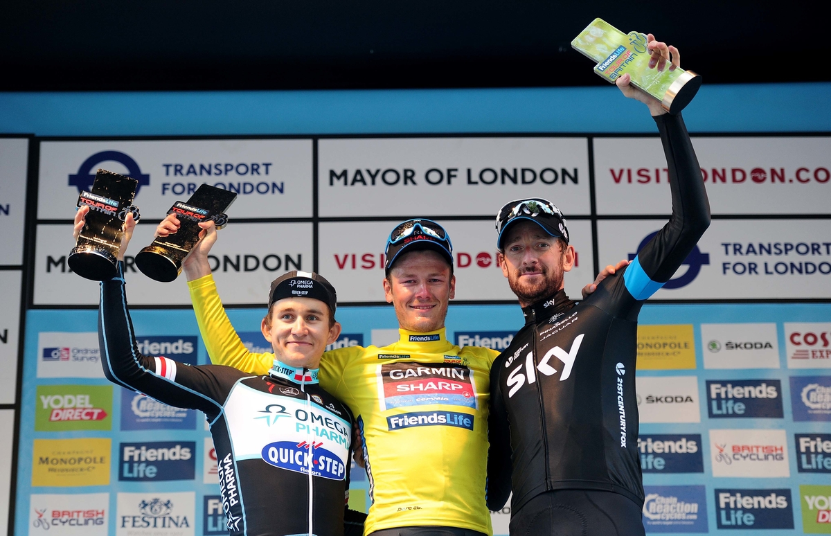 Tour of Britain 2014, podium, Bradley Wiggins, Michael Kwiatkowski , Dylan Van Baarle (Pic: Simon Wilkinson/SWPix.com)