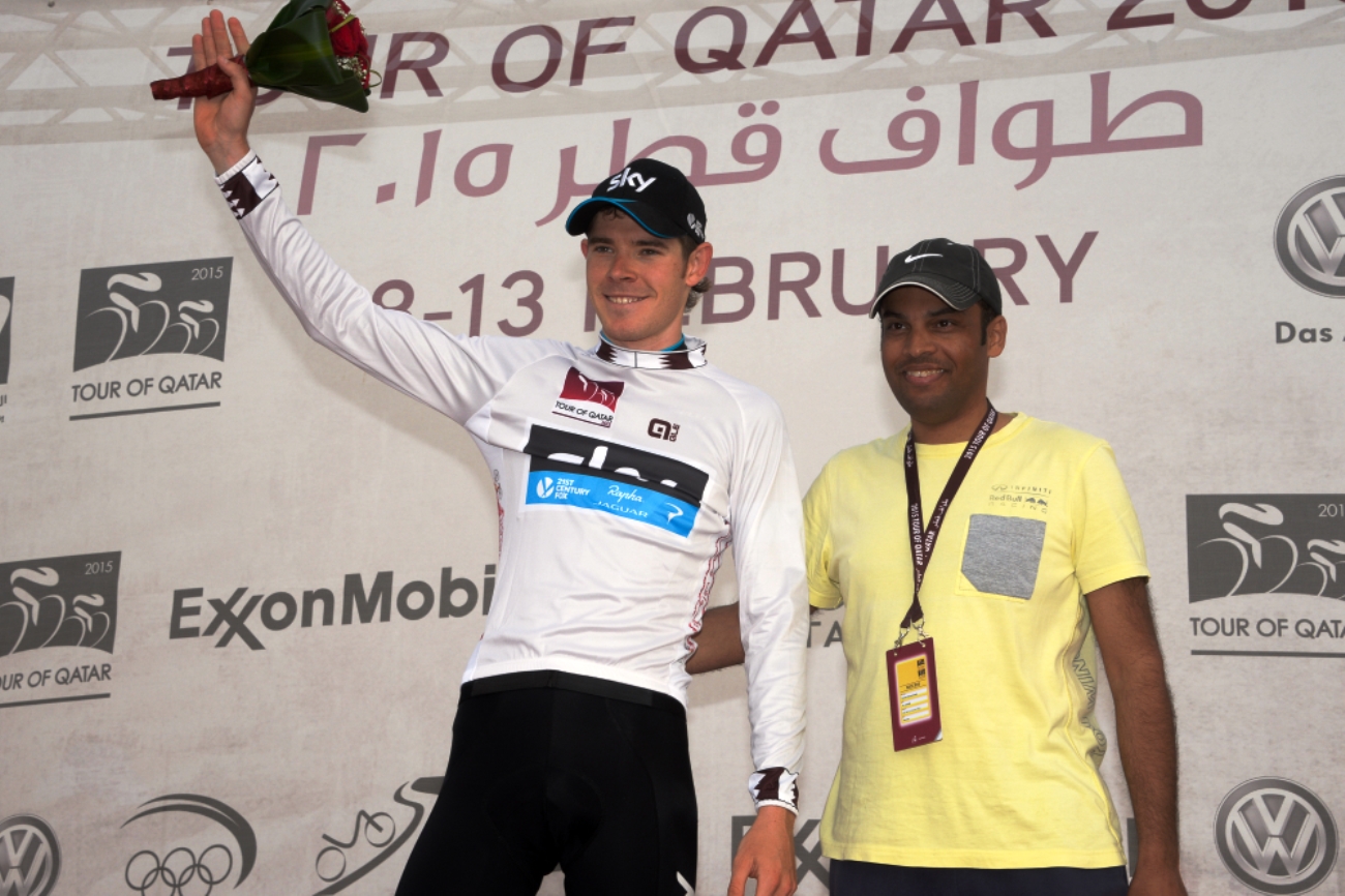 Luke Rowe, Tour of Qatar, Team Sky, podium, white jersey, pic: Bruno Bade/ASO