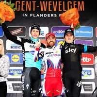 Geraint Thomas, Team Sky, 2015, Gent-Wevelgem, podium, Niki Terpstra, Luca Paolini, pic: Sirotti