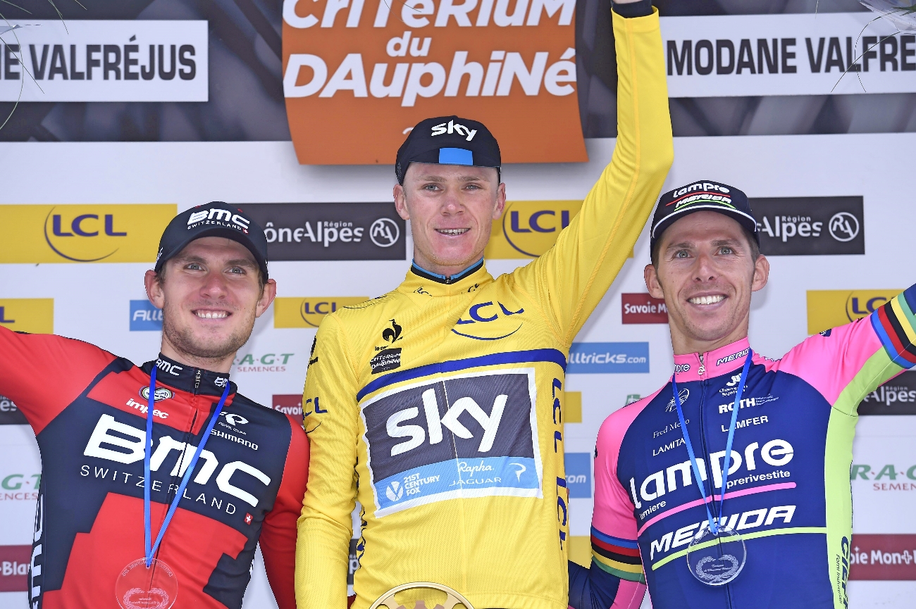 Chris Froome, yellow jersey, Criterium du Dauphine, Tejay van Garderen, Rui Costa, podium, pic: Sirotti