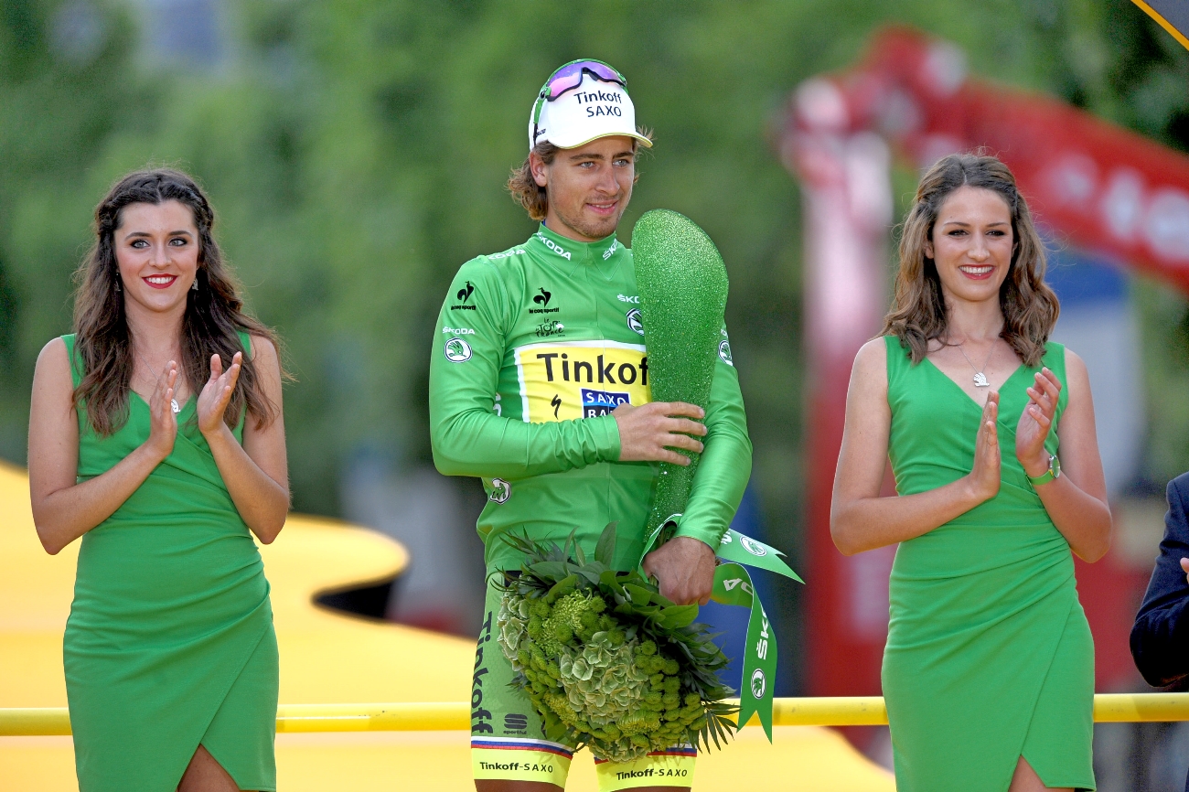Peter Sagan, green jersey, podium, Tour de France, 2015, pic - Sirotti