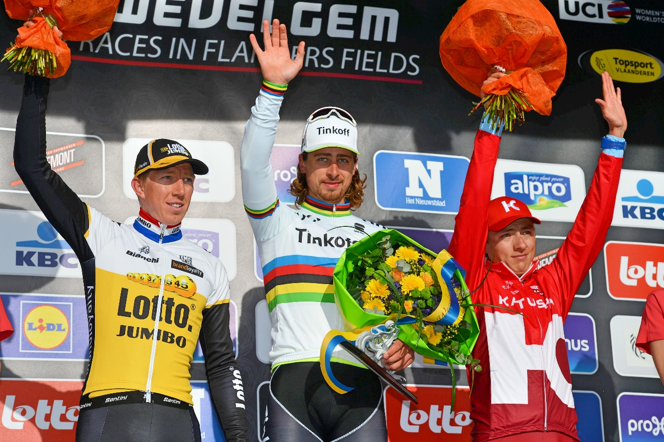 Peter Sagan, podium, Gent-Wevelgem, 2016, Sep Vanmarcke, Viacheslav Kuznetsov, pic - Sirotti