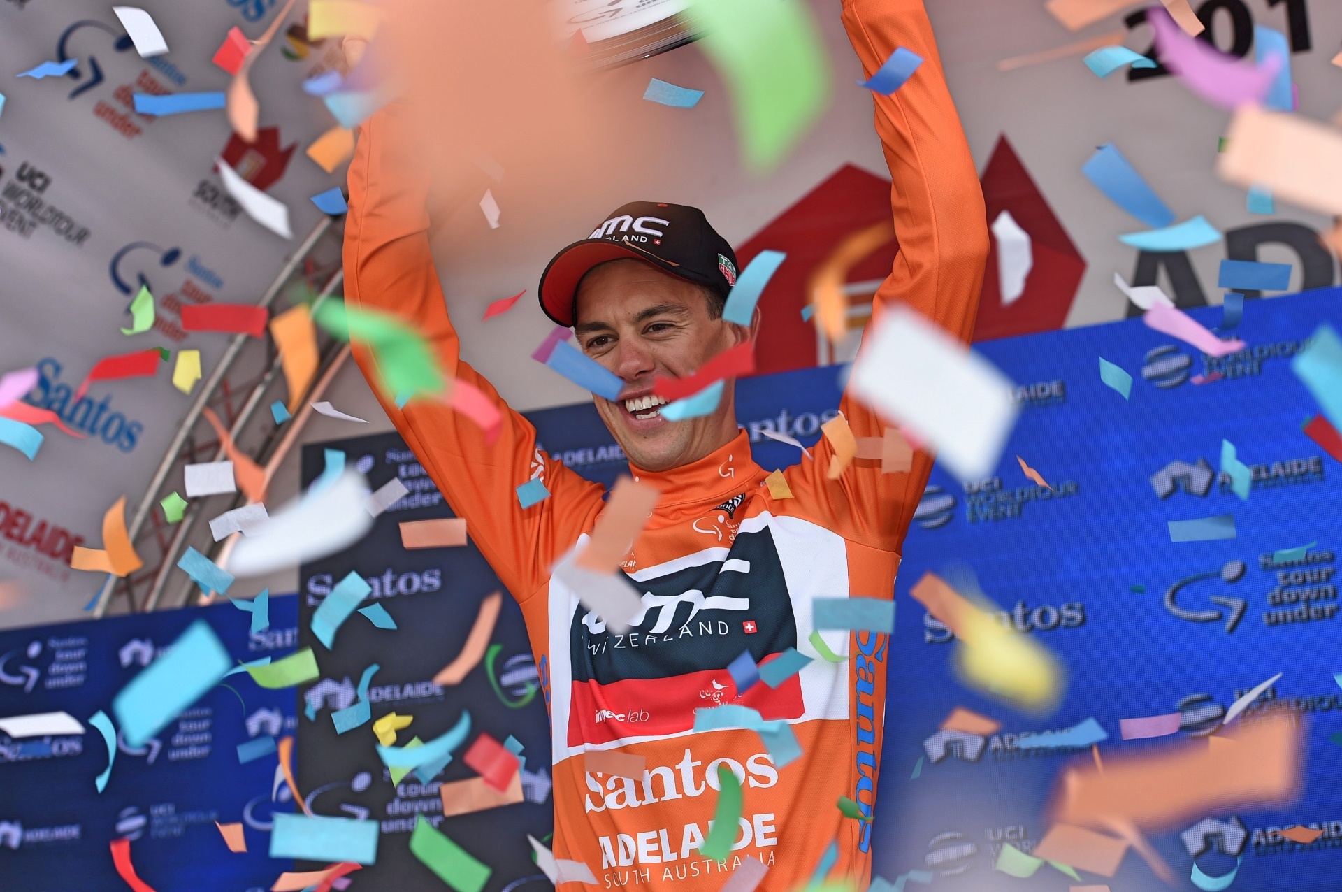 Richie Porte, ochre jersey, BMC Racing, podium, ticker tape,Tour Down Under, 2017, pic - Sirotti