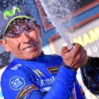 Nairo Quintana, Movistar, blue jersey, Tirreno-Adriatico, champagne, pic - RCS Sport