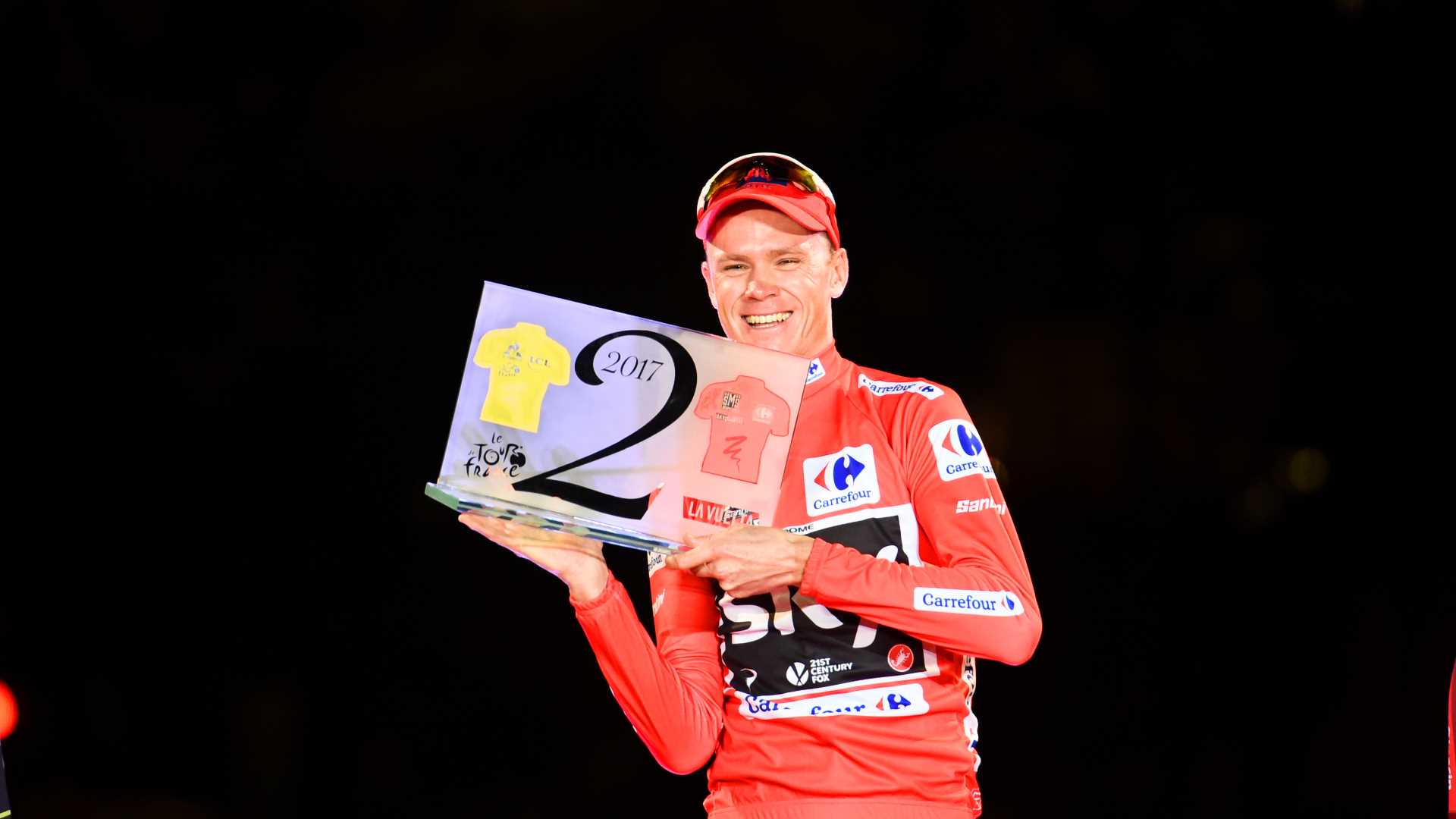 Chris Froome, Tour de France, Vuelta a Espana, Grand Tour double, red jersey, Team Sky, podium, 2017, pic - Sirotti