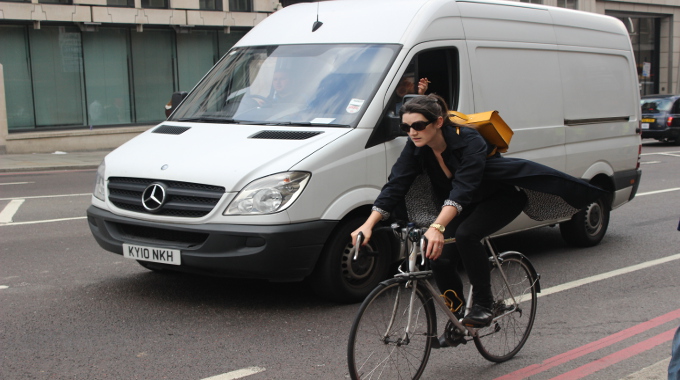 female woman commuter lady van helmet