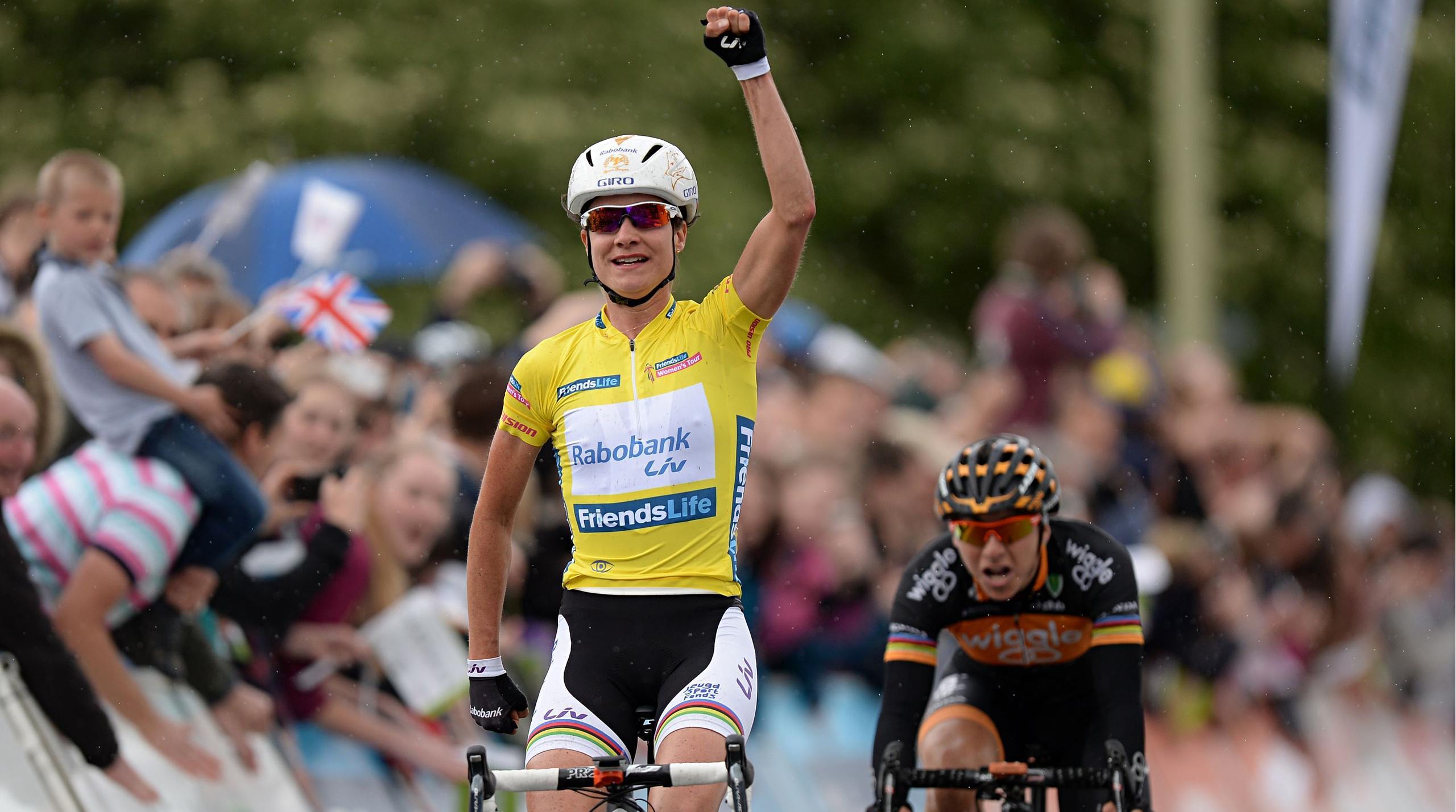 Marianne Vos crosses the finish line to win stage four of the Women's Tour in Welwyn Garden City.
