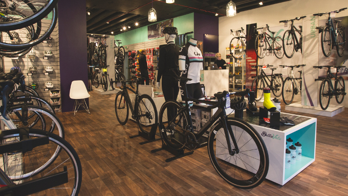 Picture of inside of Bella Velo bike shop with bikes on display