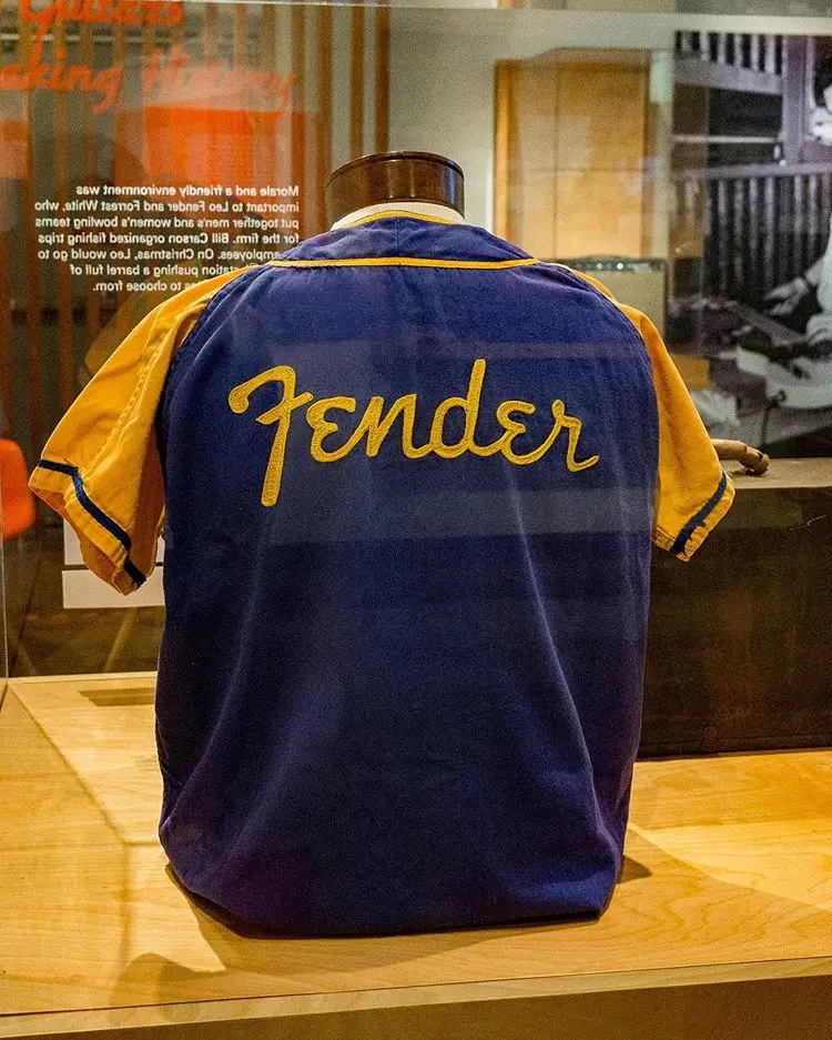 Clothing with the name Fender on display in the Leo Fender Gallery.