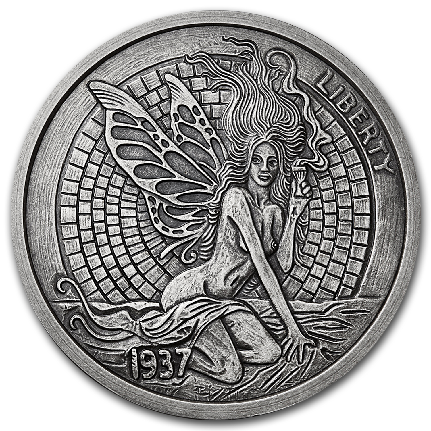 5 oz Silver Antique Round - Hobo Nickel (Green Fairy & Fish Bone)