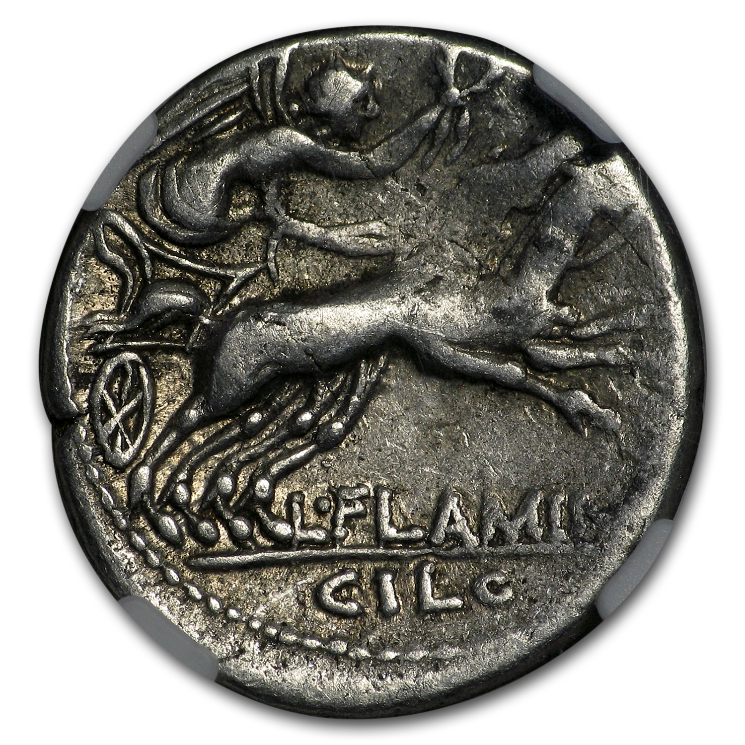 Roman Repub. Silver Denarius L. Flaminius Chilo (109/8 BC) VF NGC