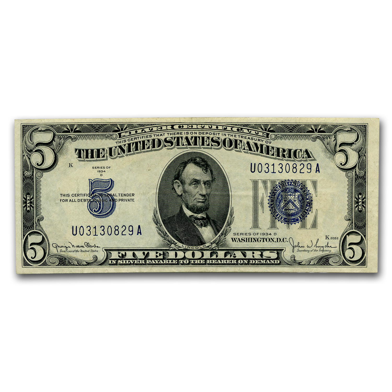 1934-D $5.00 Silver Certificate AU (Fr#1654)