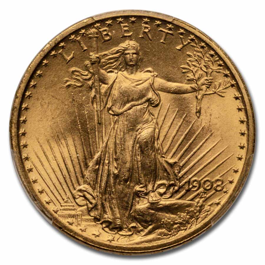 1908 $20 St Gaudens Gold Double Eagle No Motto MS-66 PCGS