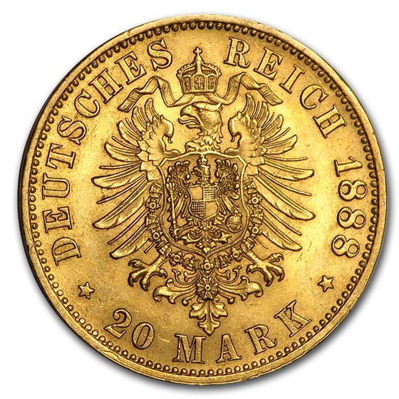 1888 Germany Gold 20 Marks Prussia Friedrich III BU