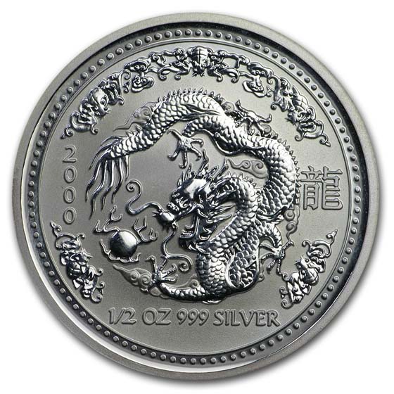 2000 Australia 1/2 oz Silver Year of the Dragon BU (Spots)