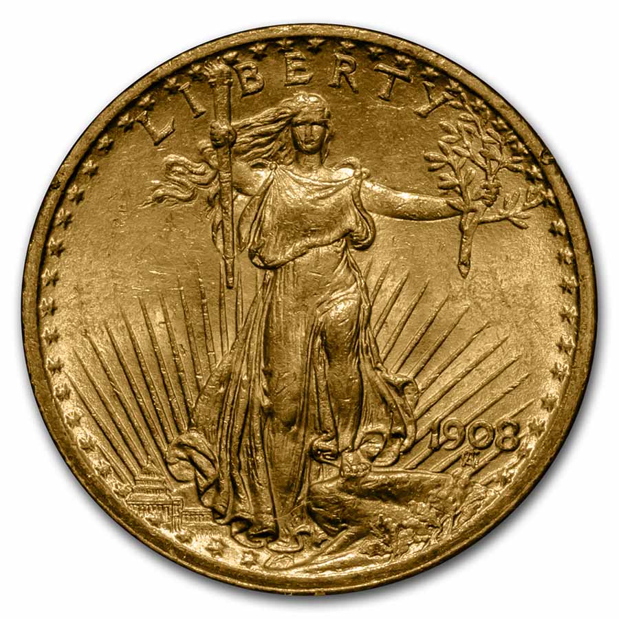 1908 $20 St Gaudens Gold Double Eagle NM MS-62 PCGS (Rattler)