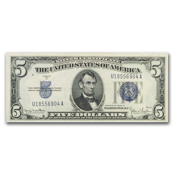 1934-D $5.00 Silver Certificate CCU (Fr#1654) Narrow