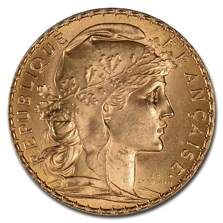 1910 France Gold 20 Francs Rooster BU