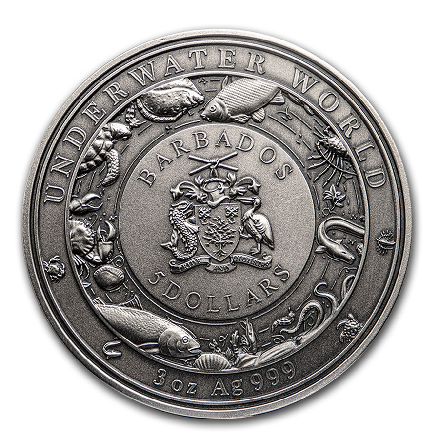 2021 Barbados 3 oz Silver Antique Underwater World (Octopus)