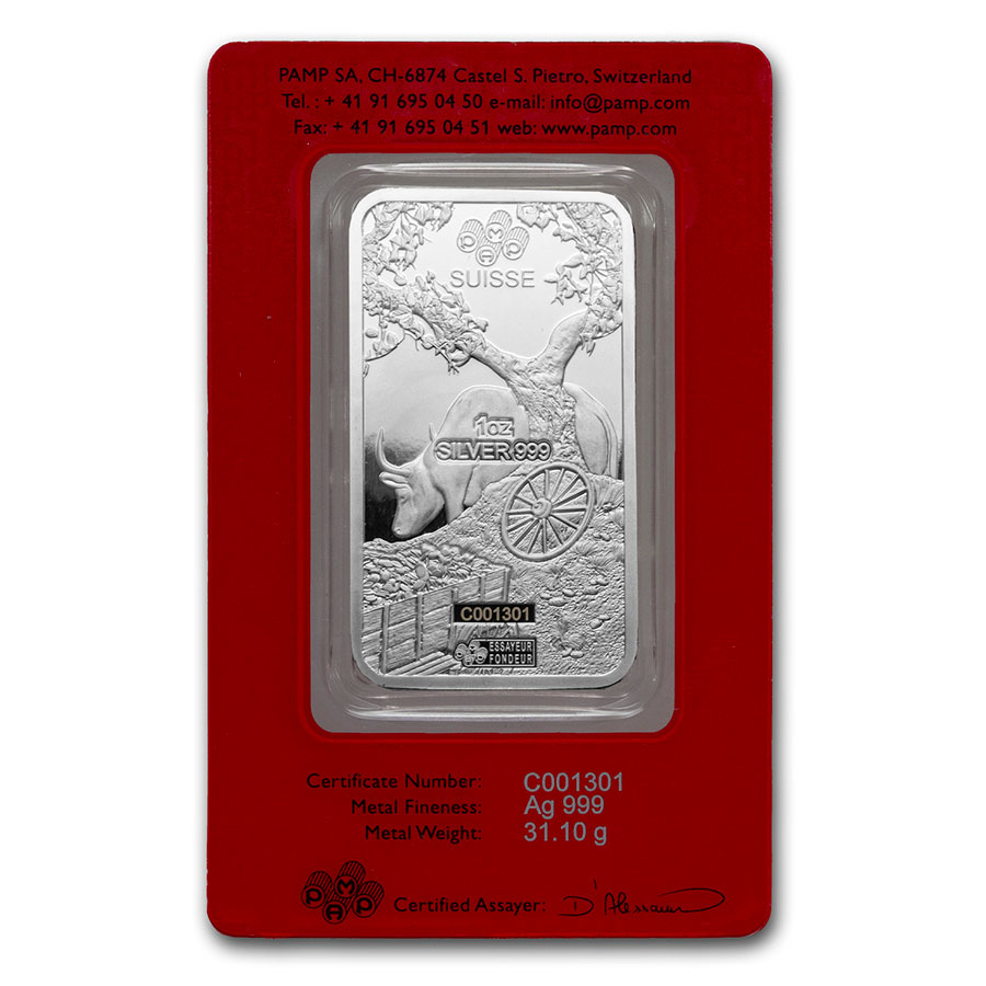 1 oz Silver Bar - PAMP Suisse (Year of the Ox)