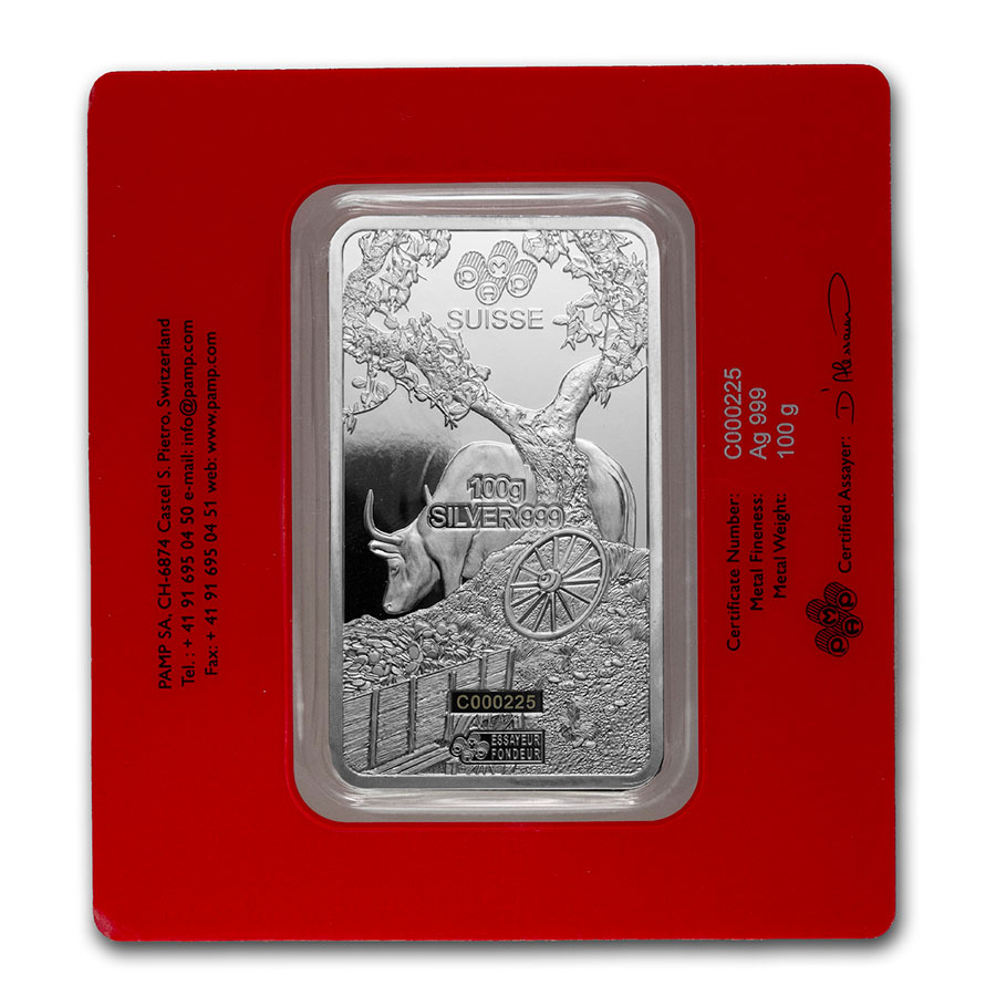 100 gram Silver Bar - PAMP Suisse (Year of the Ox)
