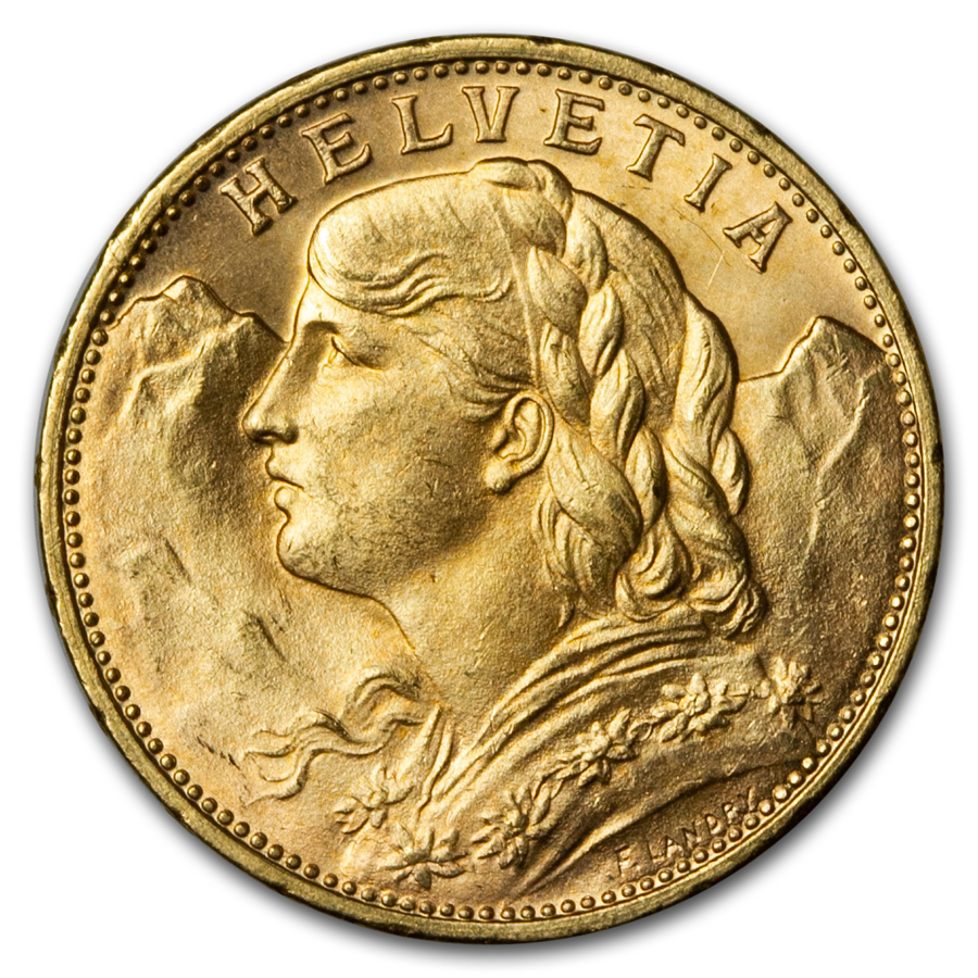 1916-B Swiss Gold 20 Francs Helvetia BU