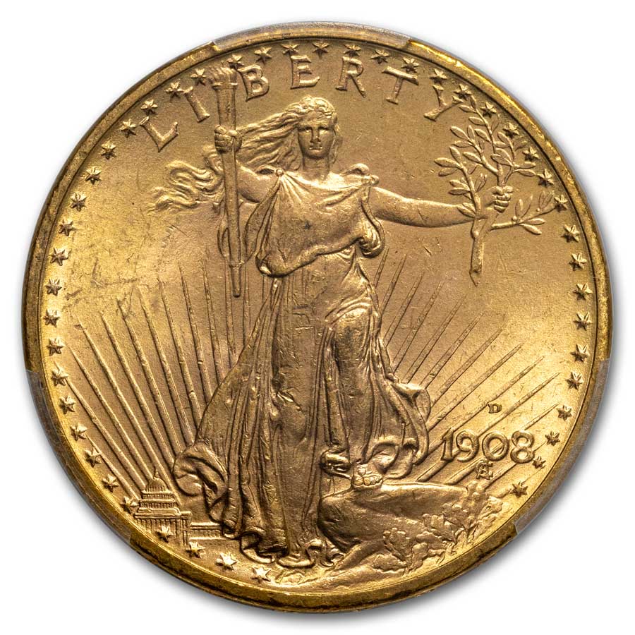 1908-D $20 St Gaudens Gold w/Motto MS-64 PCGS
