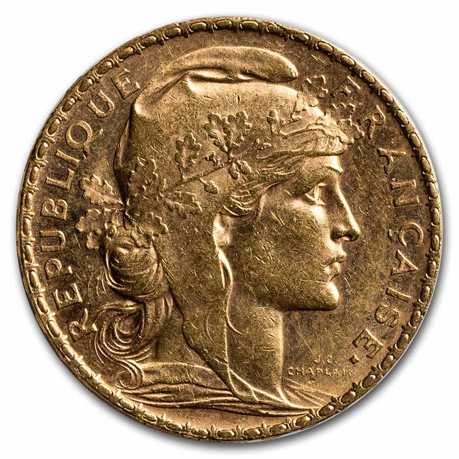 1907 France Gold 20 Francs Rooster AU