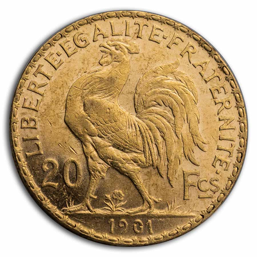 France Gold 20 Francs French Rooster Coin (1899-1914) AU