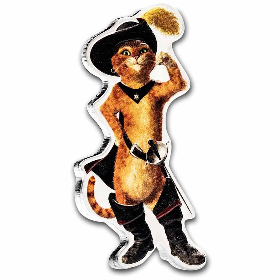 2021 Niue 1 oz Silver $2 Puss in Boots Shaped Coin (Colorized)