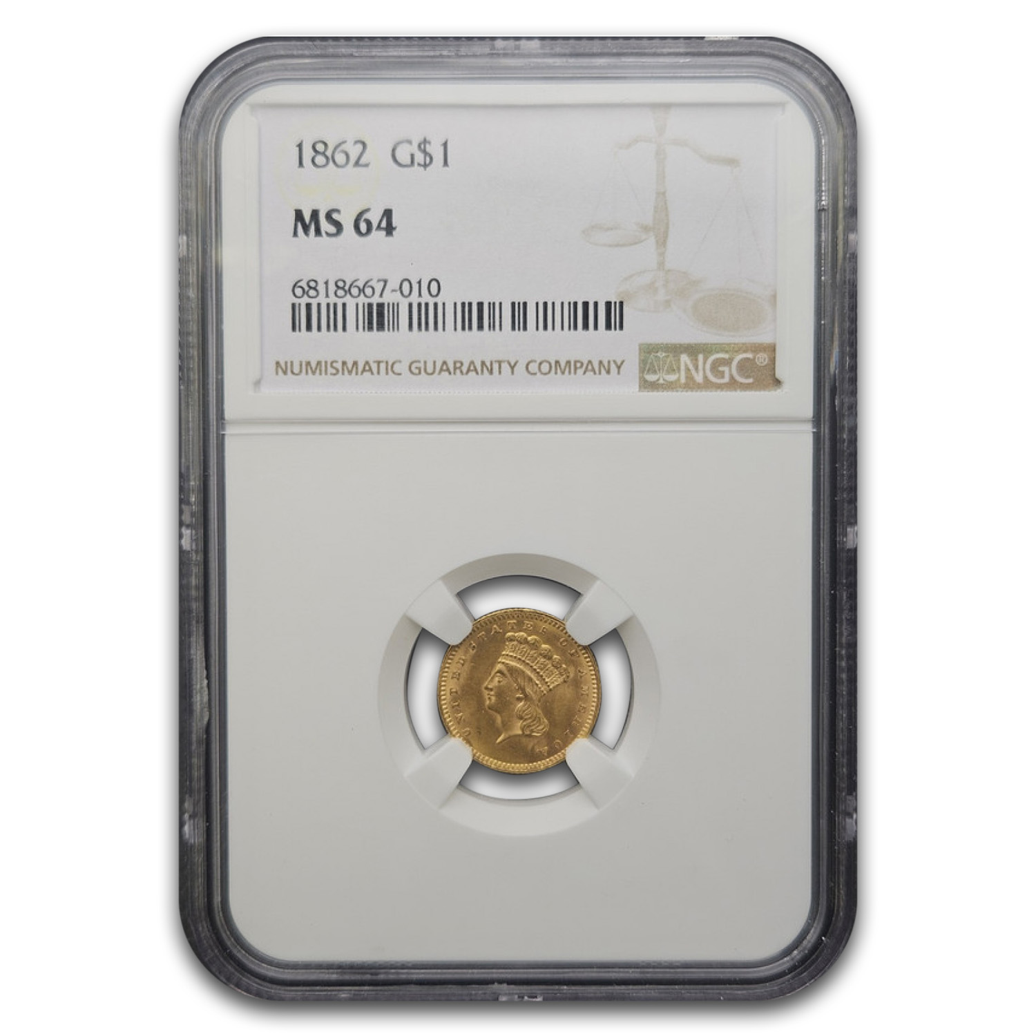 1862 $1 Indian Head Gold MS-64 NGC