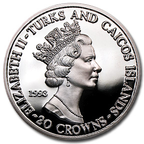 1993 Turks & Caicos Silver 20 Crowns Proof