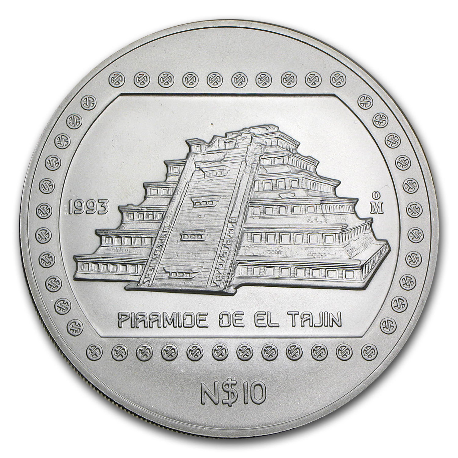 1993 Mexico 5 oz Silver 10 Pesos Piramide De El Tajin BU