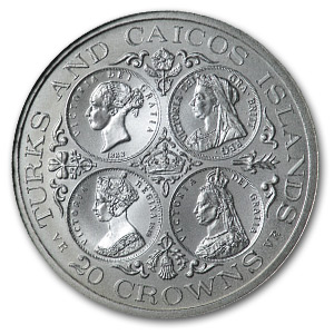 1976 Turks & Caicos Silver 20 Crowns Queen Victoria BU