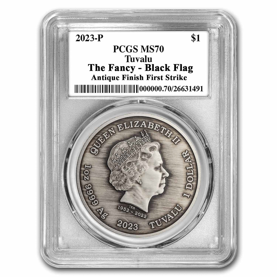 2023 Tuvalu 1 oz Silver Black Flag Antiqued Fancy MS-70 PCGS FS