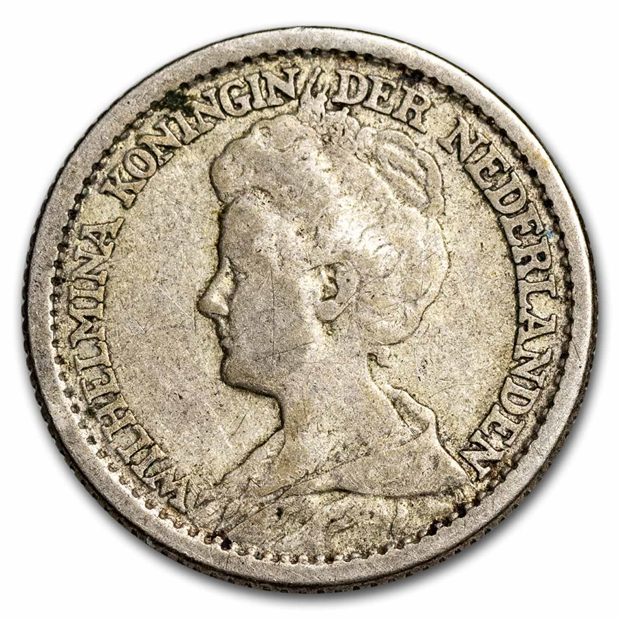 1910-1925 Netherlands Silver 25 Cents Wilhelmina Avg Circ