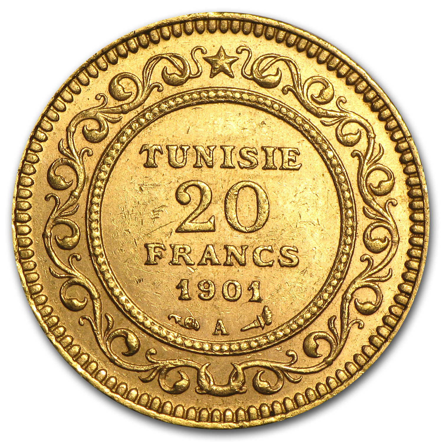 1891-1904 Tunisia Gold 20 Francs Average Circ