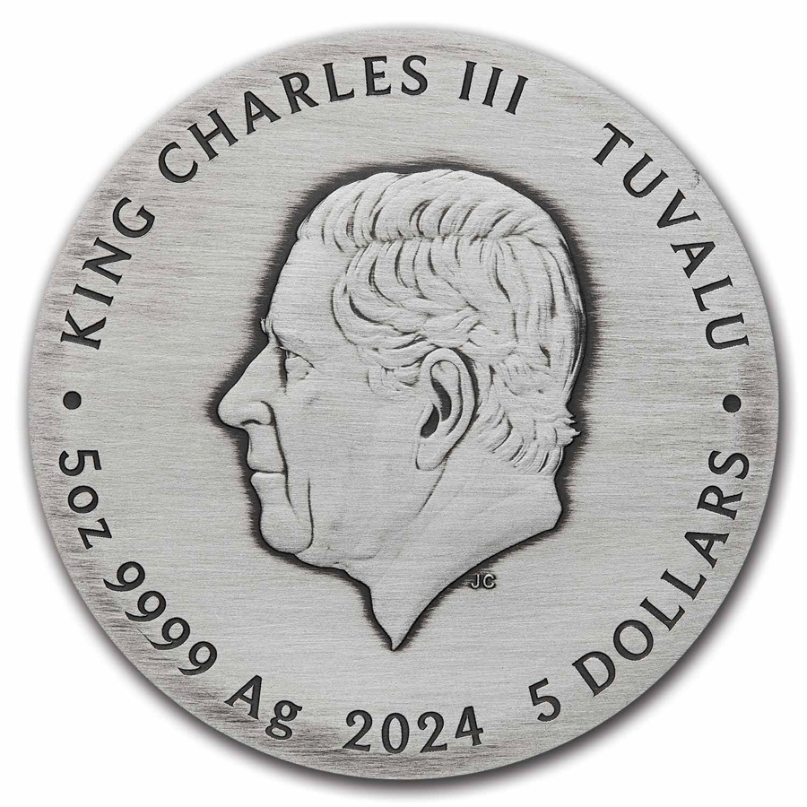 2024 Tuvalu 5 oz Silver Colorized Dragon and 5 Elements Antiqued