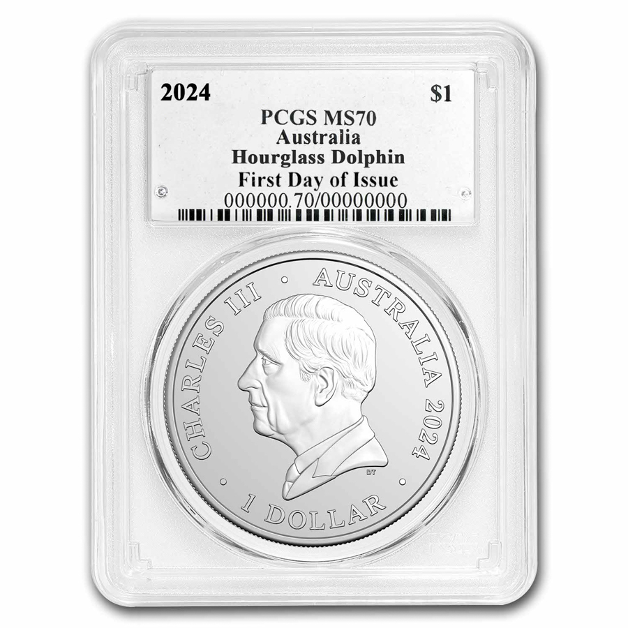 2024 AUS 1 oz Silver Hourglass Dolphin MS-70 PCGS (First Day)